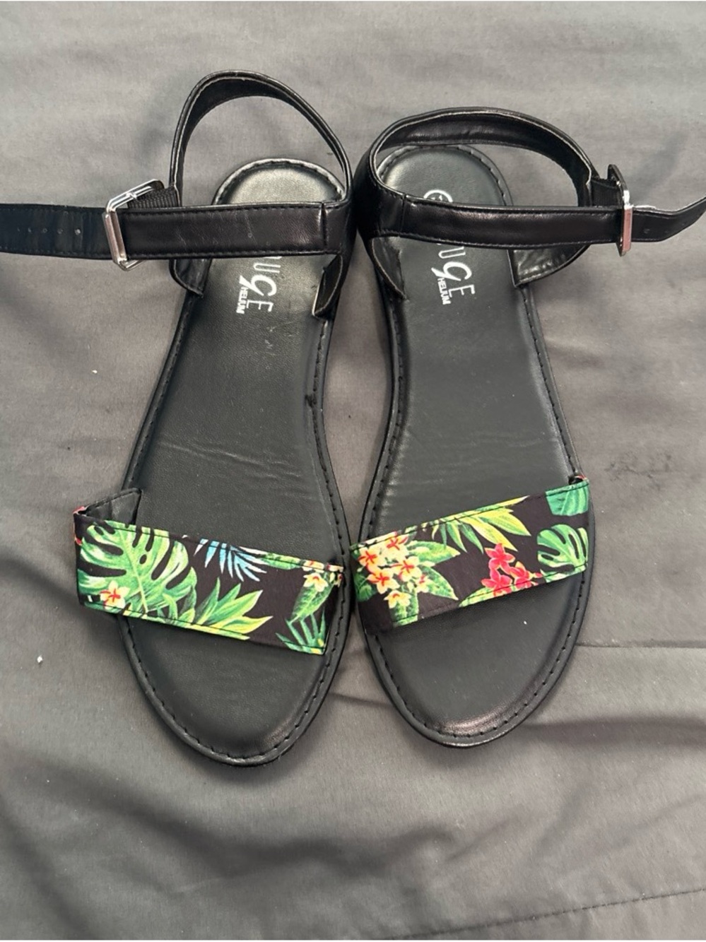 Black Tropical Print Ankle-Strap Women's Sandals